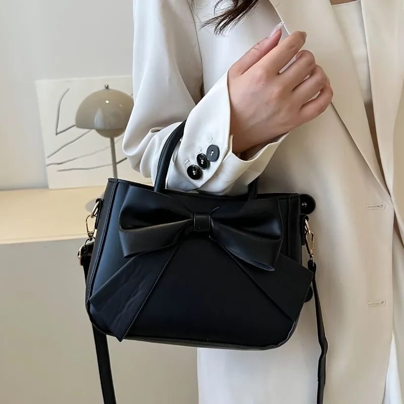 EleganceBow PU Leather Crossbody Handbag | Women's Chic Shoulder Bag with Gold Hardware & Detachable Strap