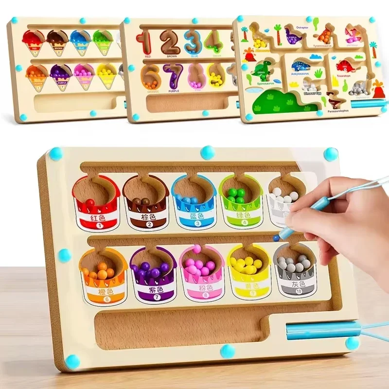 Montessori Magnetic Color Sorting Maze Board for Kids, Sensory Educational Toy with Beads & Wooden Control