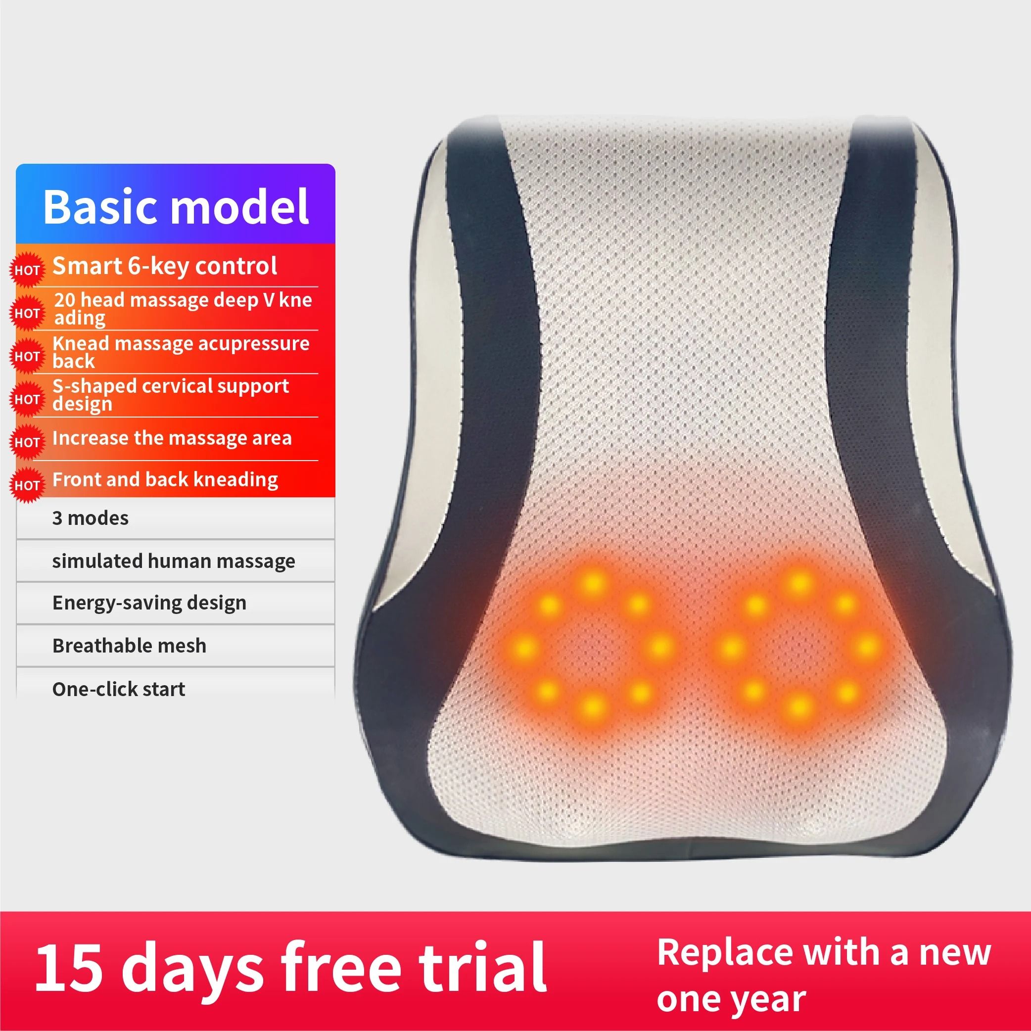 Electric Shiatsu Neck and Back Massager Pillow with Heat and Vibration