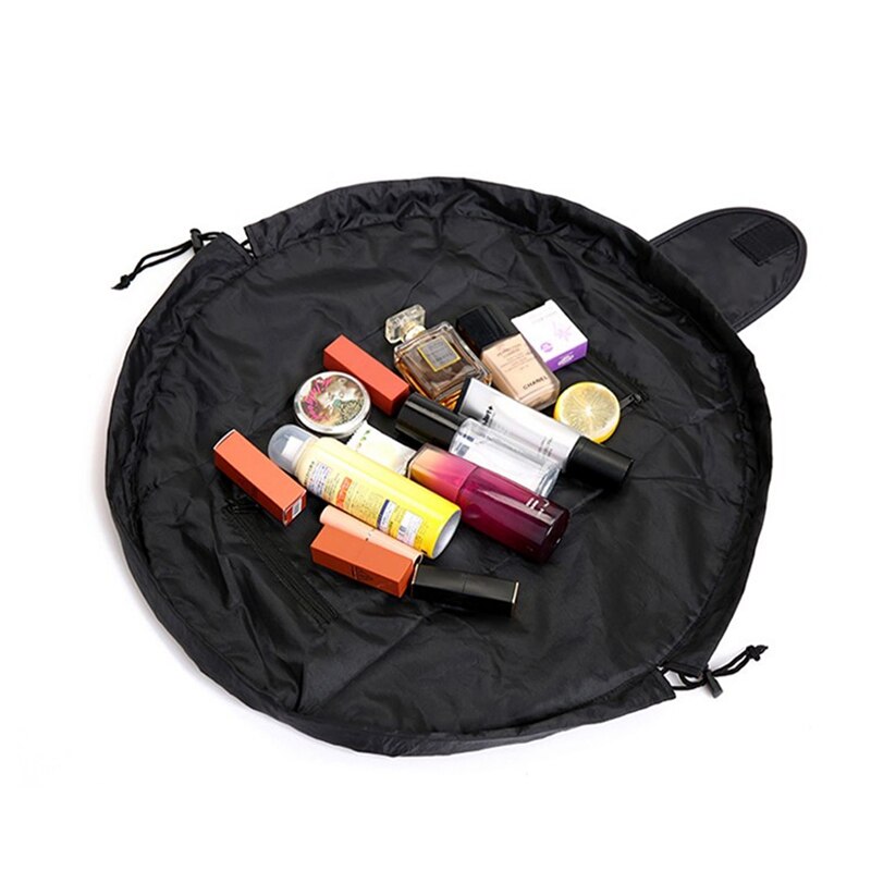 Drawstring Elastic Makeup Storage Bag, Women Portable Travel Black Large Capacity Handbag