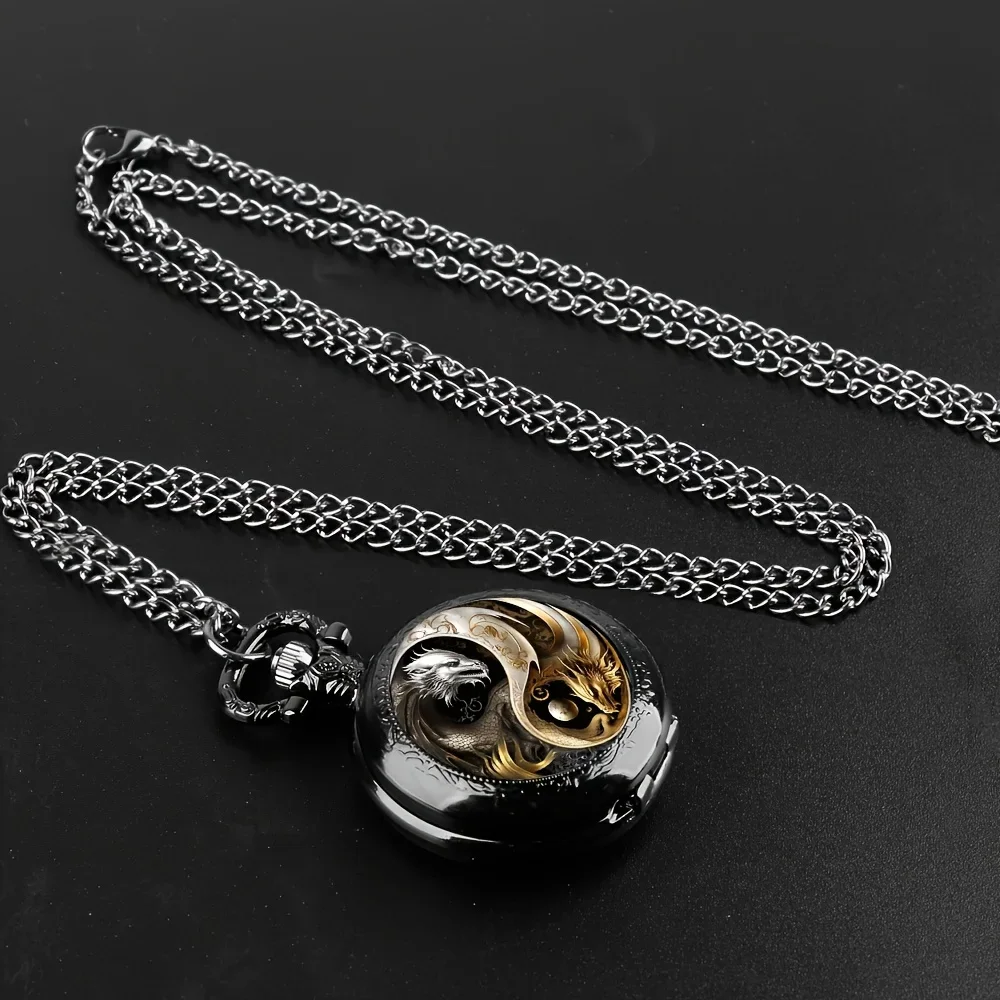 Retro Golden Silvery Double Dragon Quartz Pocket Watch, Stylish Design
