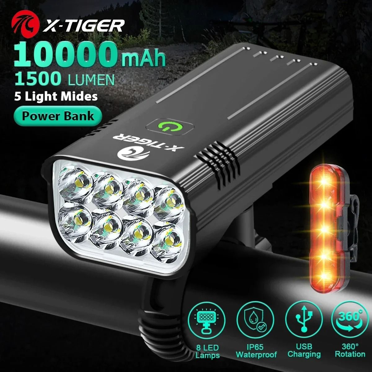 X Tiger Bike Light Headlight Bicycle Lamp with 5200mAh Power Bank