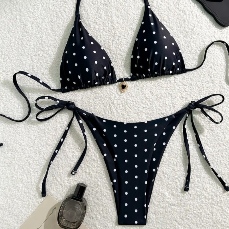 American Style Beach Bikini, Sexy Black White Polka Dot Swimsuit for Women