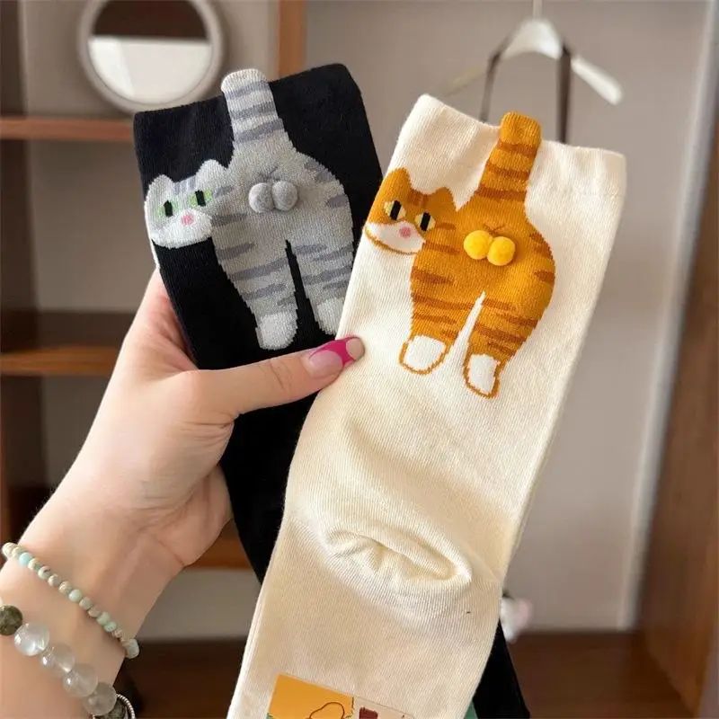 ALLTOOALL Cute 3D Cat Ball Mid-Calf Socks – Korean Style Funny Women's Crew Socks