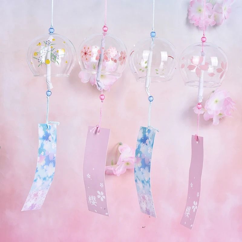 Japanese Sakura Glass Wind Chimes | Hand-Painted Cherry Blossom Hanging Craft