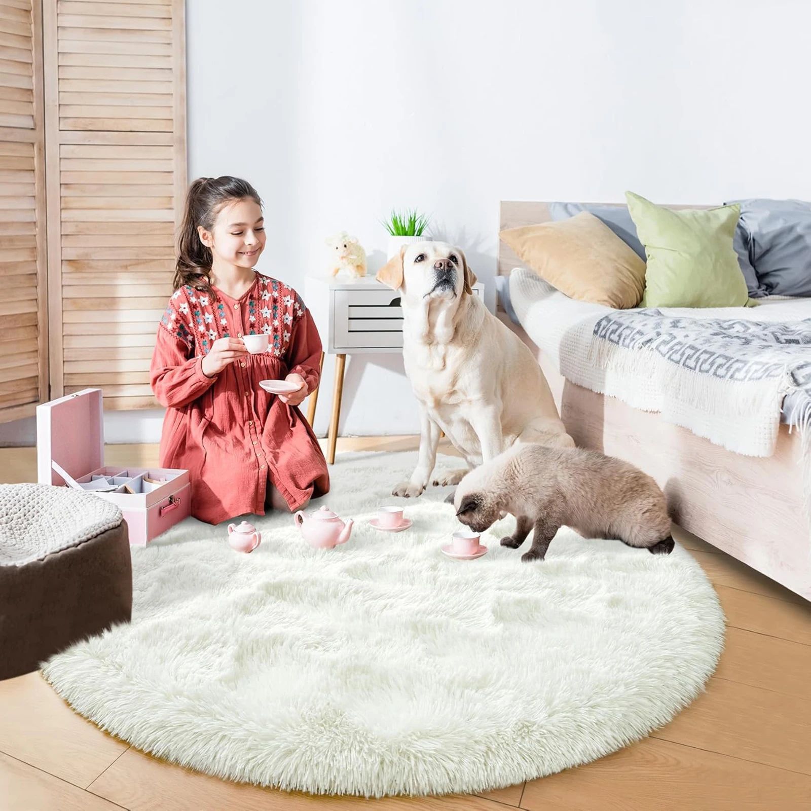 Fluffy Black Round Shaggy Rug – Soft Plush Bedroom & Living Room Area Carpet