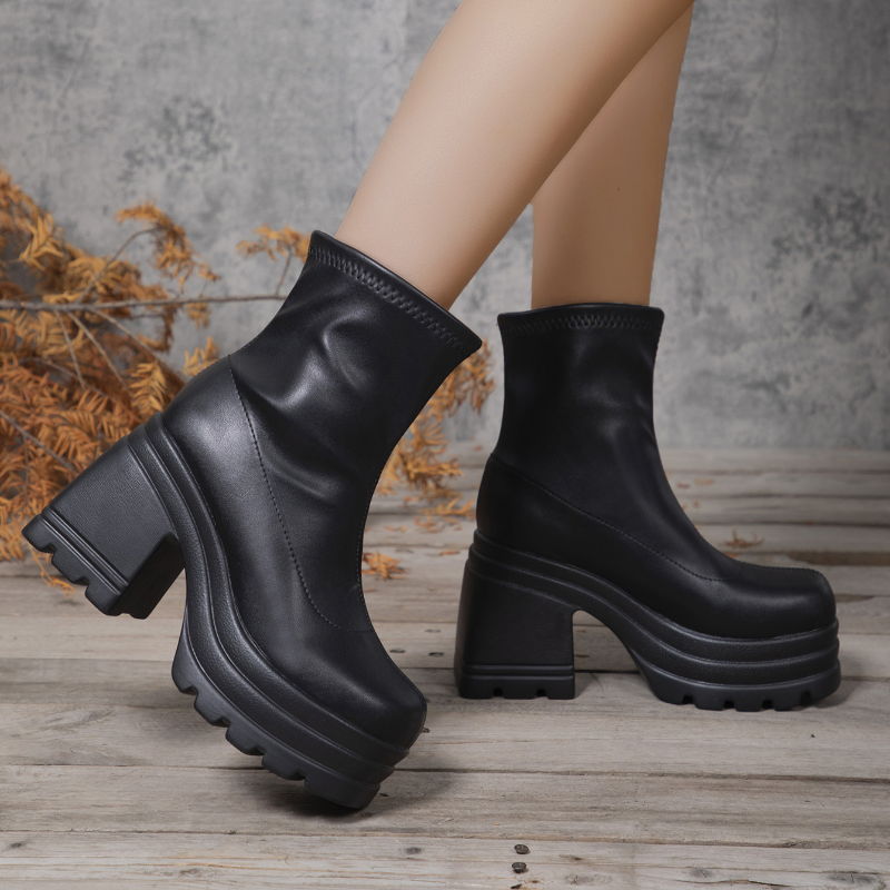 Sexy Leather Women Short Boots Casual Zipper High Heels Square Toe Casual Thick Soled Shoes for Women