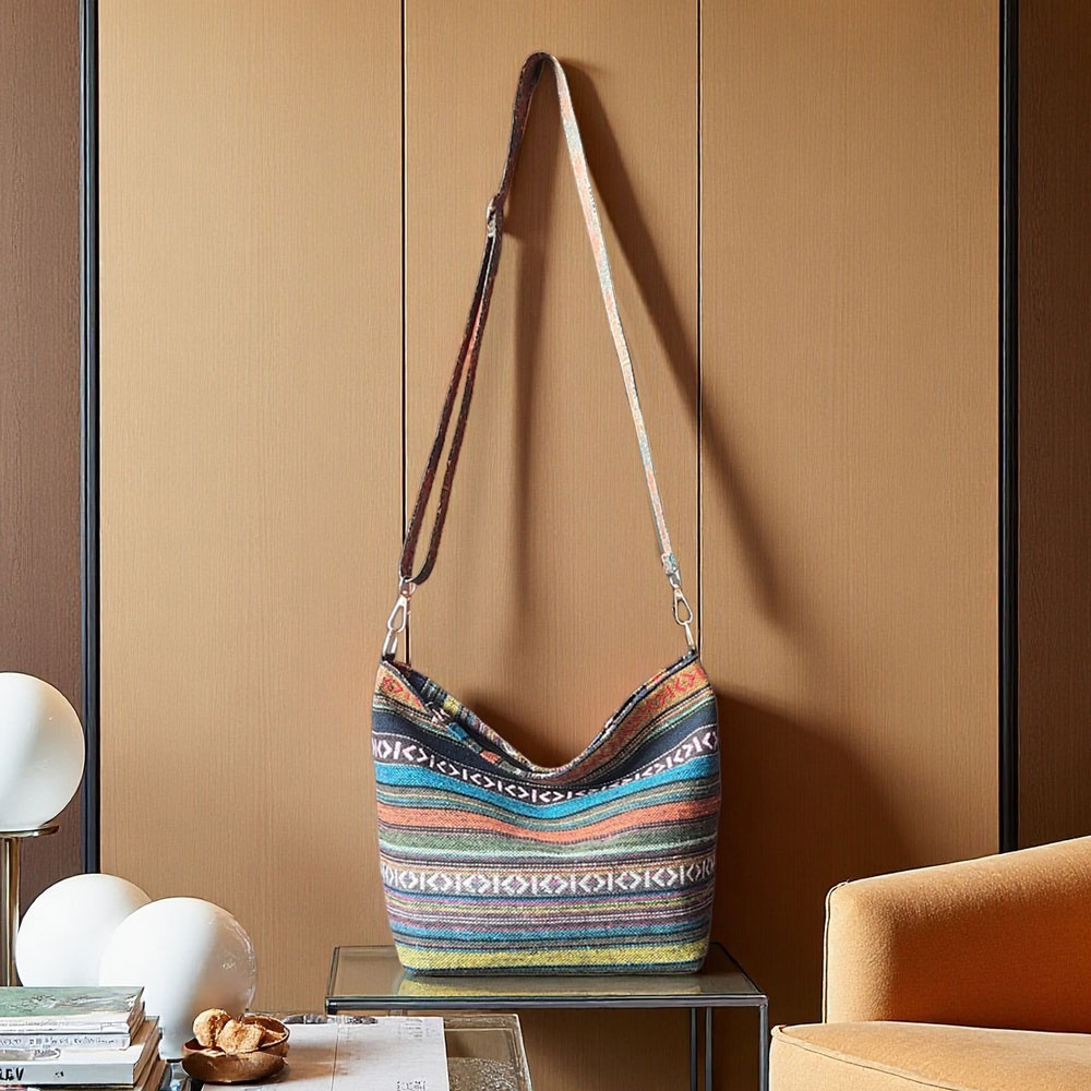 Boho Striped Bucket Crossbody Bag for Women