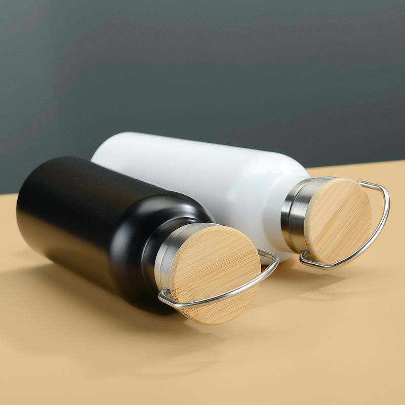 Bamboo Lid Insulated Water Bottle Stainless Steel Travel Thermos