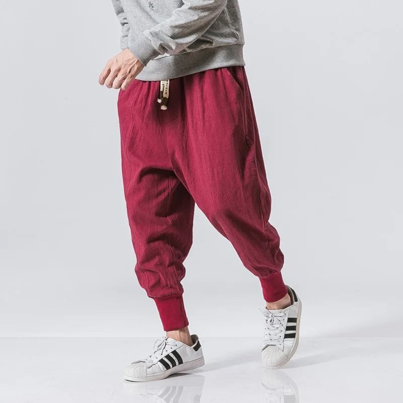 Mens Cotton Linen Harem Pants Casual Baggy Drop Crotch Joggers with Elastic Waist