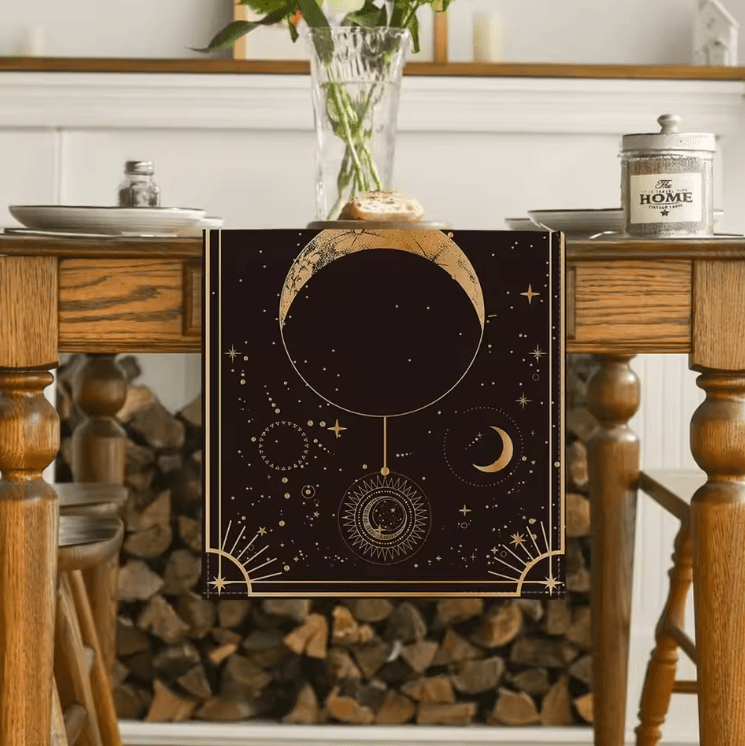 Astrology Moon Phase Linen Table Runner – Mystical Celestial Gothic Dining Decor