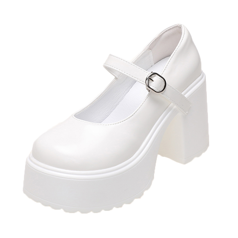 Women's Chunky Platform High Heels, Autumn PU Leather Ankle Buckle, Mary Jane Pumps, Thick Heeled White Lolita Shoes