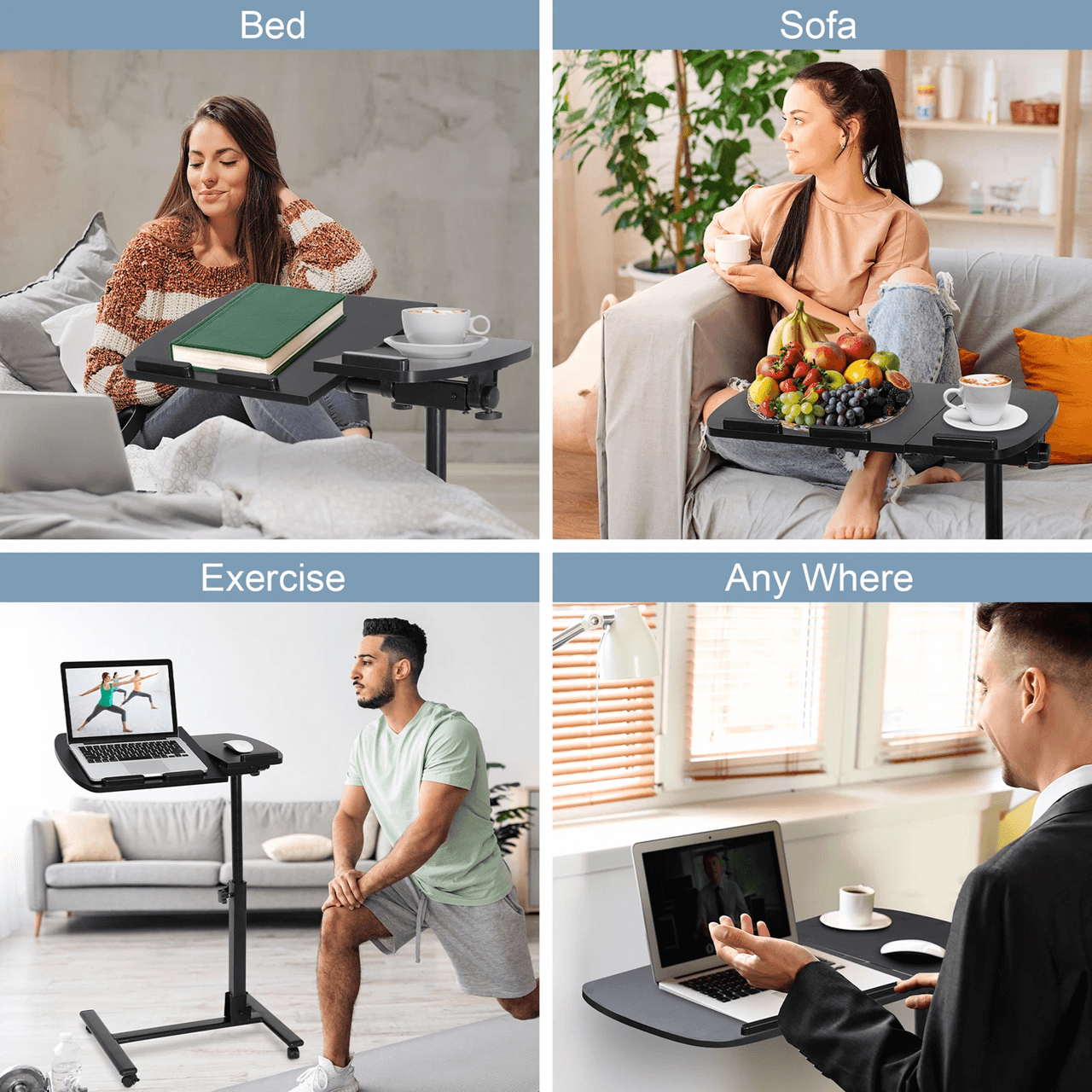 Adjustable Rolling Laptop Desk with Tilting Tabletop and Overbed Design