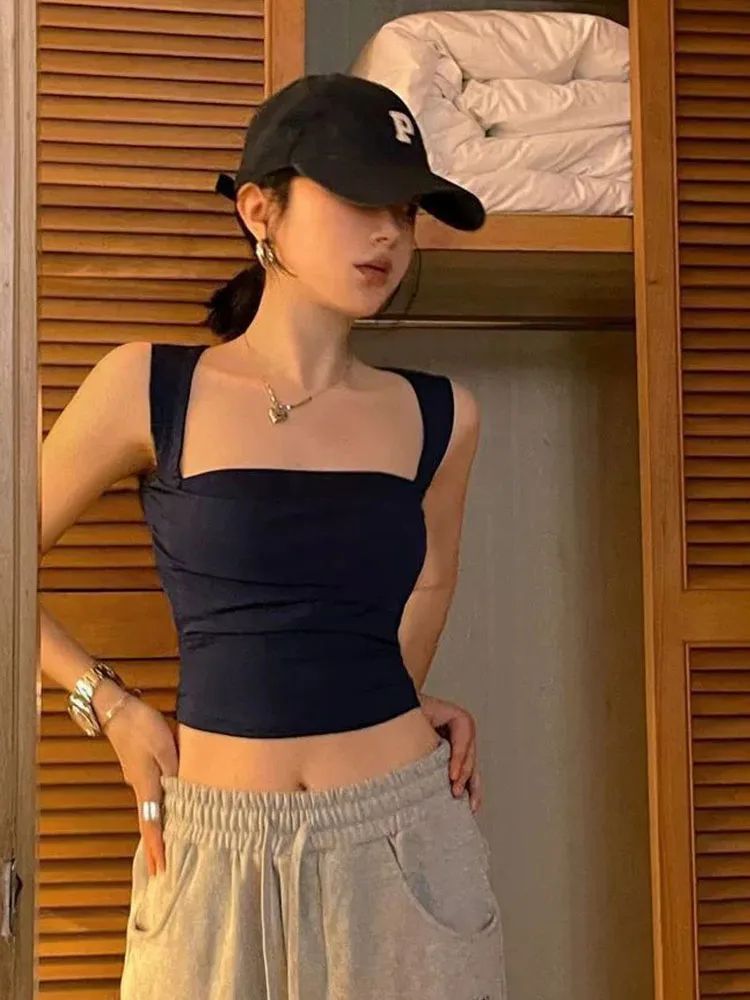 Square Neck Pleated Slim Fit Crop Tank – Sexy Low Cut Summer Club Camisole for Women 2025