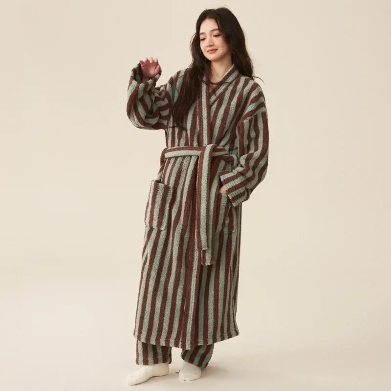 Thickened Flannel Robe & Pants Pajamas Set – Professional Autumn/Winter Striped Couples Home Clothes