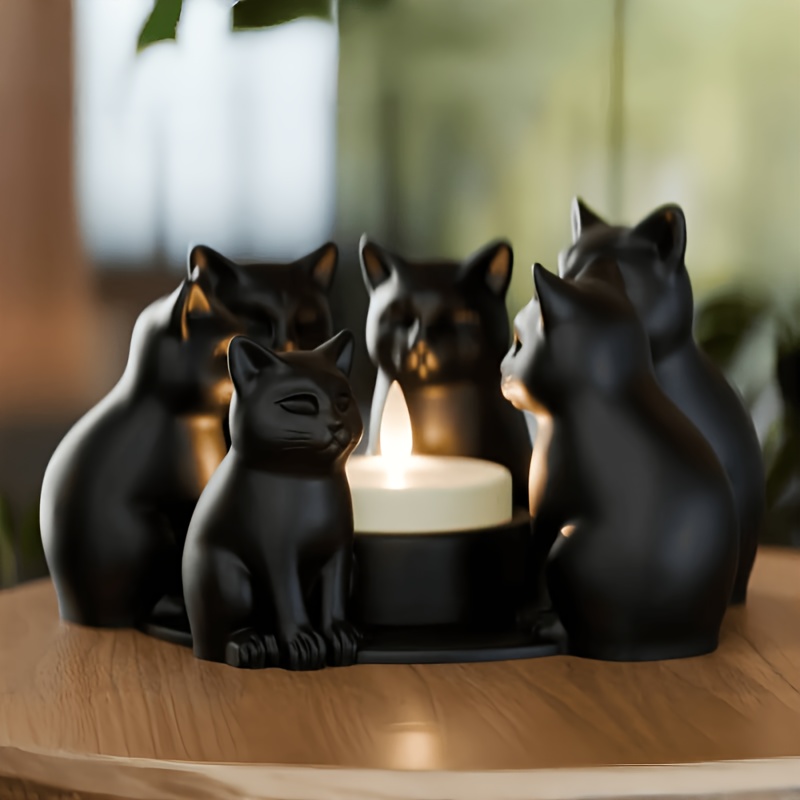 Cat Ring-Shaped Candle Holder, Black Kitten Ornament, Bedroom Decoration