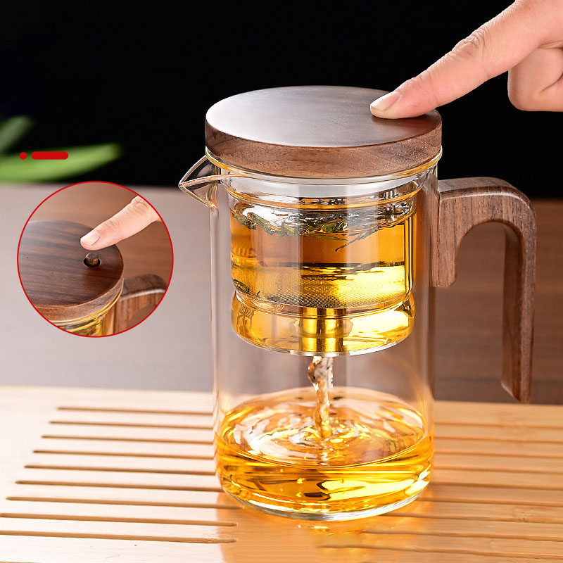 New Tea Pot with Magnetic Switch, Glass, Wood Handle, Tea Separation