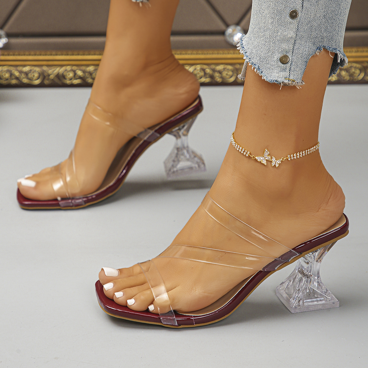 Transparent Heels Slippers Women, Summer Slip On High Heeled Party Shoes, Sexy Open Toe, Square Toe Shaped Heel High
