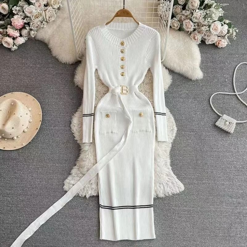 French Style Celebrity Temperament Round Collar Slim Bottom Wrap Hip Autumn Winter Dress