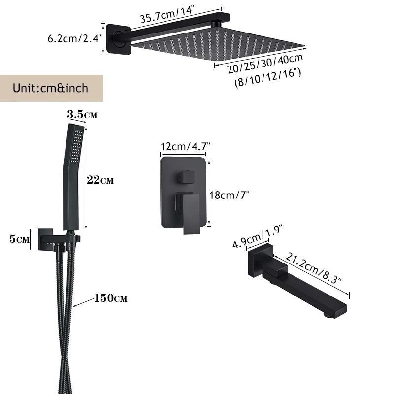 Matte Black rainfall shower set Wall Mounted bathroom shower faucet with LED Shower Head Mixer Tap