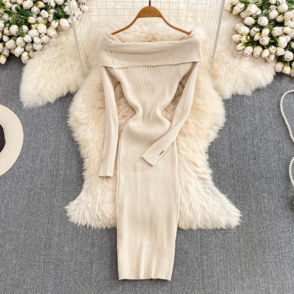 Ins Fashion Women Christmas Red Party Dress, High Waist Off Shoulders, Long Sleeve, Front Split Knitted Bodycon Robe