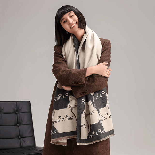 Cute Cat Jacquard Pashmina Cashmere Scarf for Women Winter Blanket Shawl