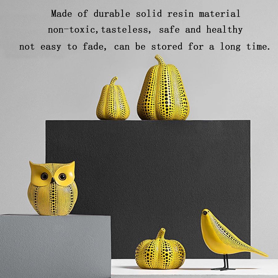 Whimsical Yellow Resin Owl & Pumpkin Figurine – Cute Animal Desktop Decor Sculpture