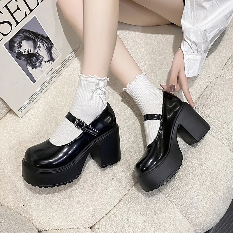 Mary Jane Shoes Women Black Super High Heels, Chunky Platform Pumps, Plus Size Ankle Buckle Party Lolita Style Footwear