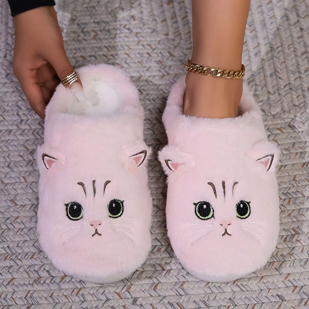 CozyCat Kawaii Fuzzy Slippers Plush Non Slip Home Slippers