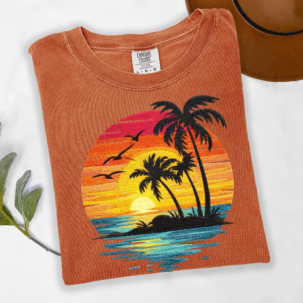 Sunset Palm Tree Shirt Tropical Beach Graphic Tee Summer Vacation Outfit
