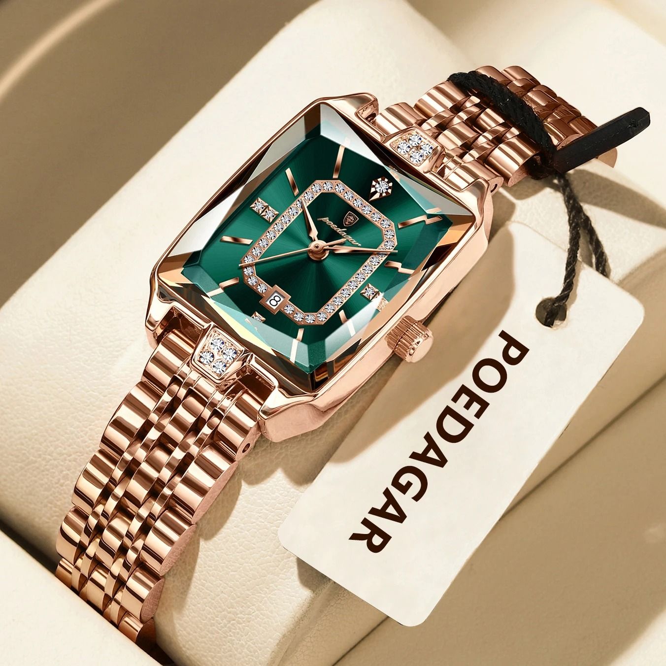 Rectangle Luxury Quartz Watch – Waterproof Stainless Steel Timepiece with Calendar for Women