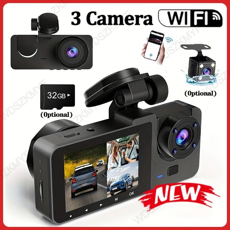 Triple Lens WiFi Dashcam Car Camera with Night Vision and HD Recording