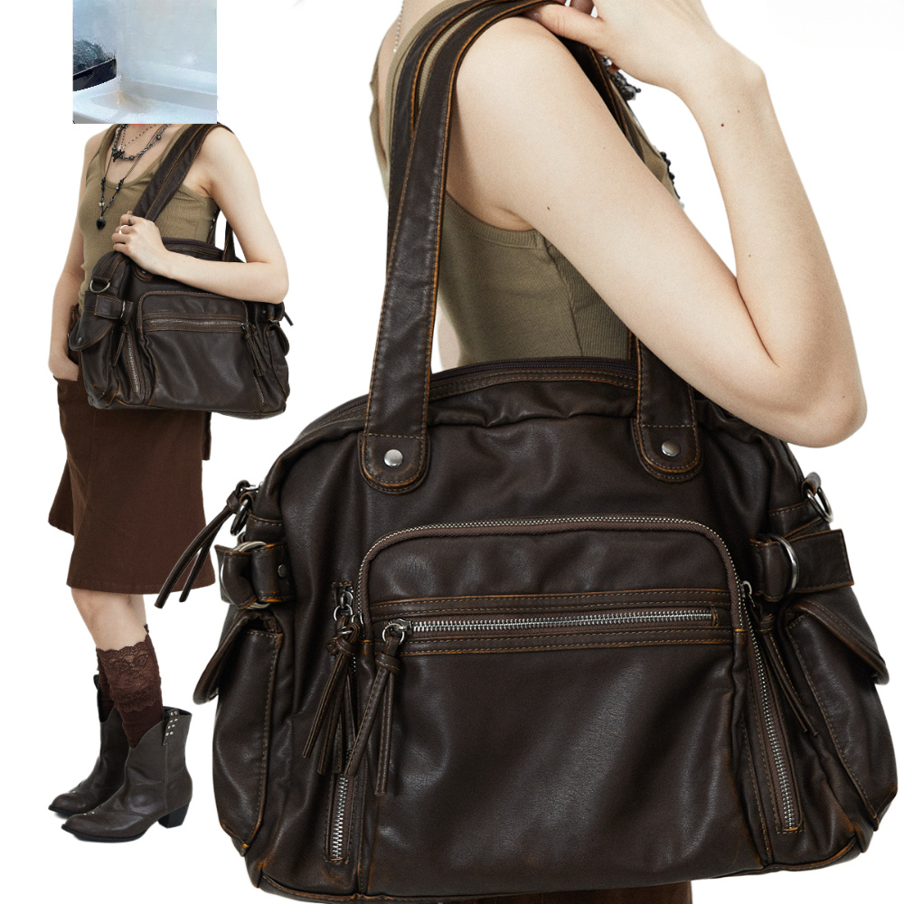 Y2K Punk Crossbody Bag, Retro Tote, Large Capacity Shoulder Bag, Soft PU Leather Motorcycle Purse, Multi Pocket Handbag