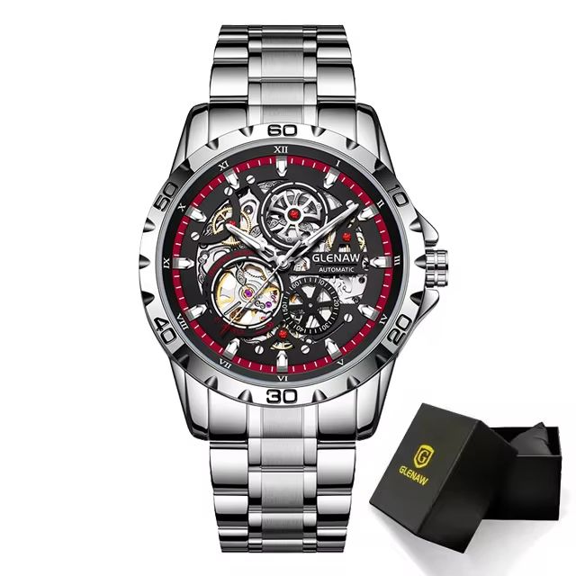 GLENAW Steampunk Skeleton Automatic Men's Watch – Luxury Mechanical Watch with Luminous Waterproof Design