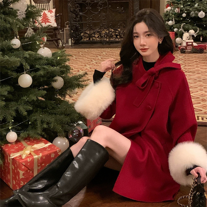 Womens Winter Fashion Outerwear, Double Faced Cashmere Coat with Real Fox Fur, Autumn Winter Gentle Wool Cape