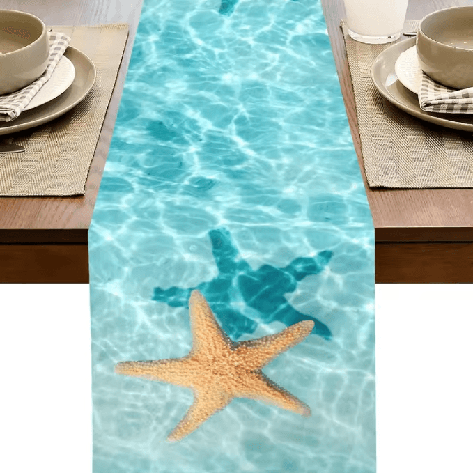 Watercolor Starfish Ocean Linen Table Runner Coastal Dining Decor Reusable Kitchen Table Scarf
