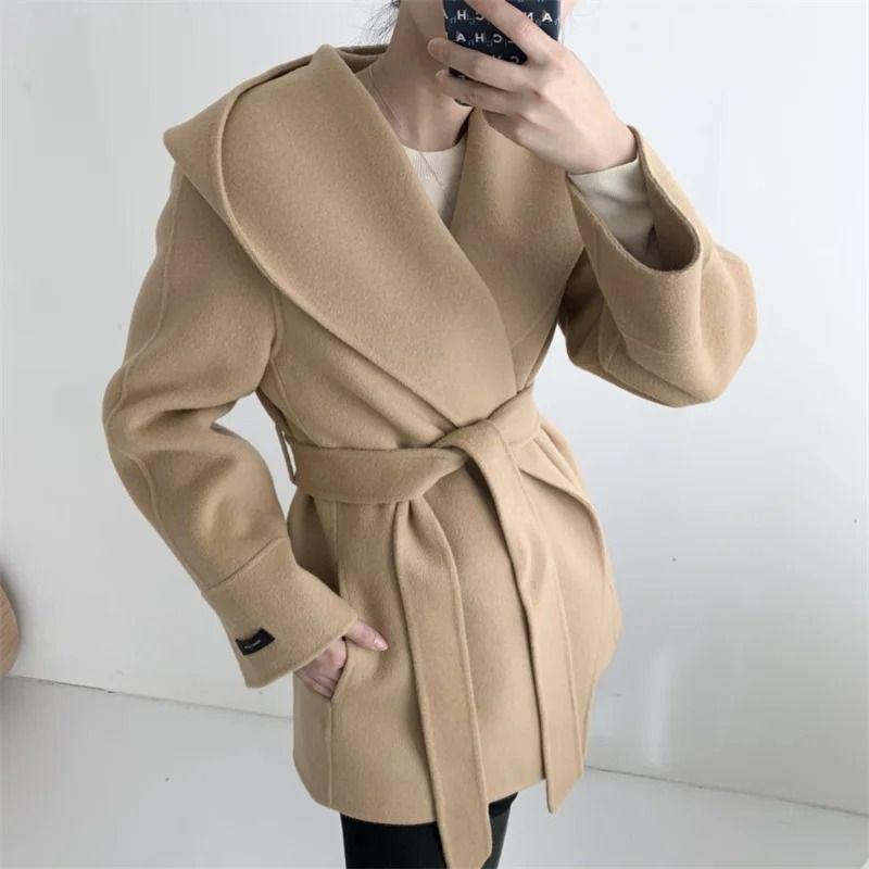 Elegant Hooded Lace-Up Woolen Jacket