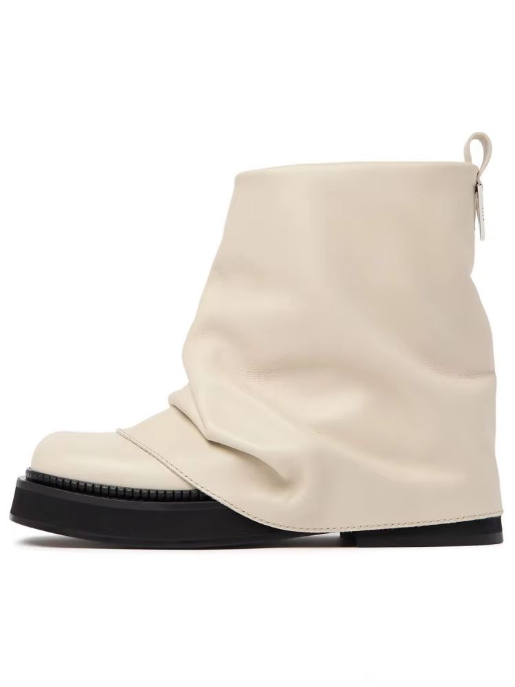 Women's Autumn Winter Calf Boots – Pleated Leather Mid-Leg Design with Thick High Heels