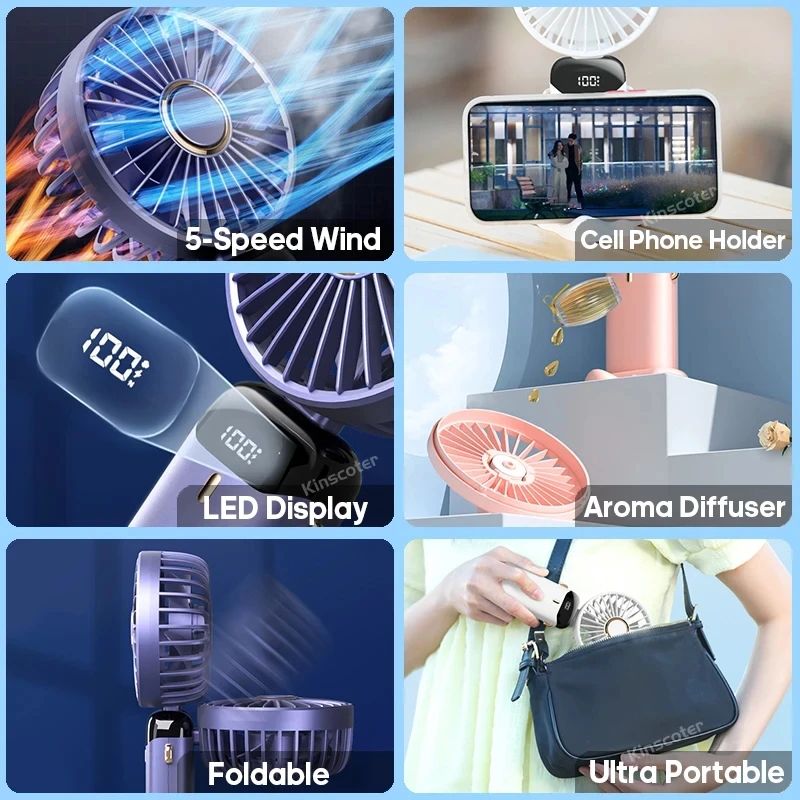 Foldable Handheld Fan with Phone Stand & Display, 5-Speed USB Rechargeable Mini Fan for Travel & Daily Cooling
