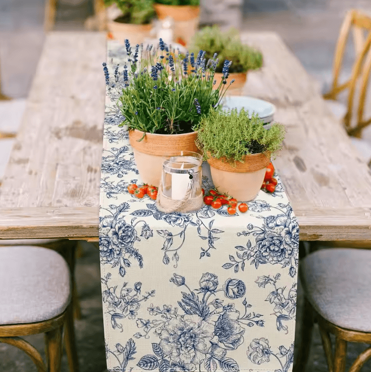 Chinoiserie Blue Floral Linen Table Runner – Elegant Botanical Farmhouse Decor