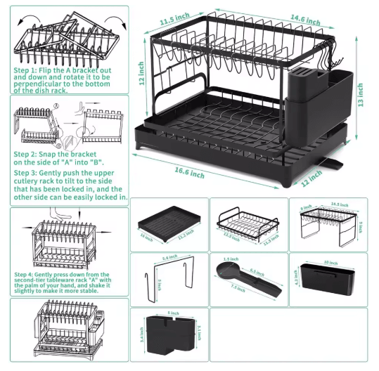 2 Tier Kitchen Countertop Dish Drying Rack with Drip Tray Metal Space Saving Dish Drainer