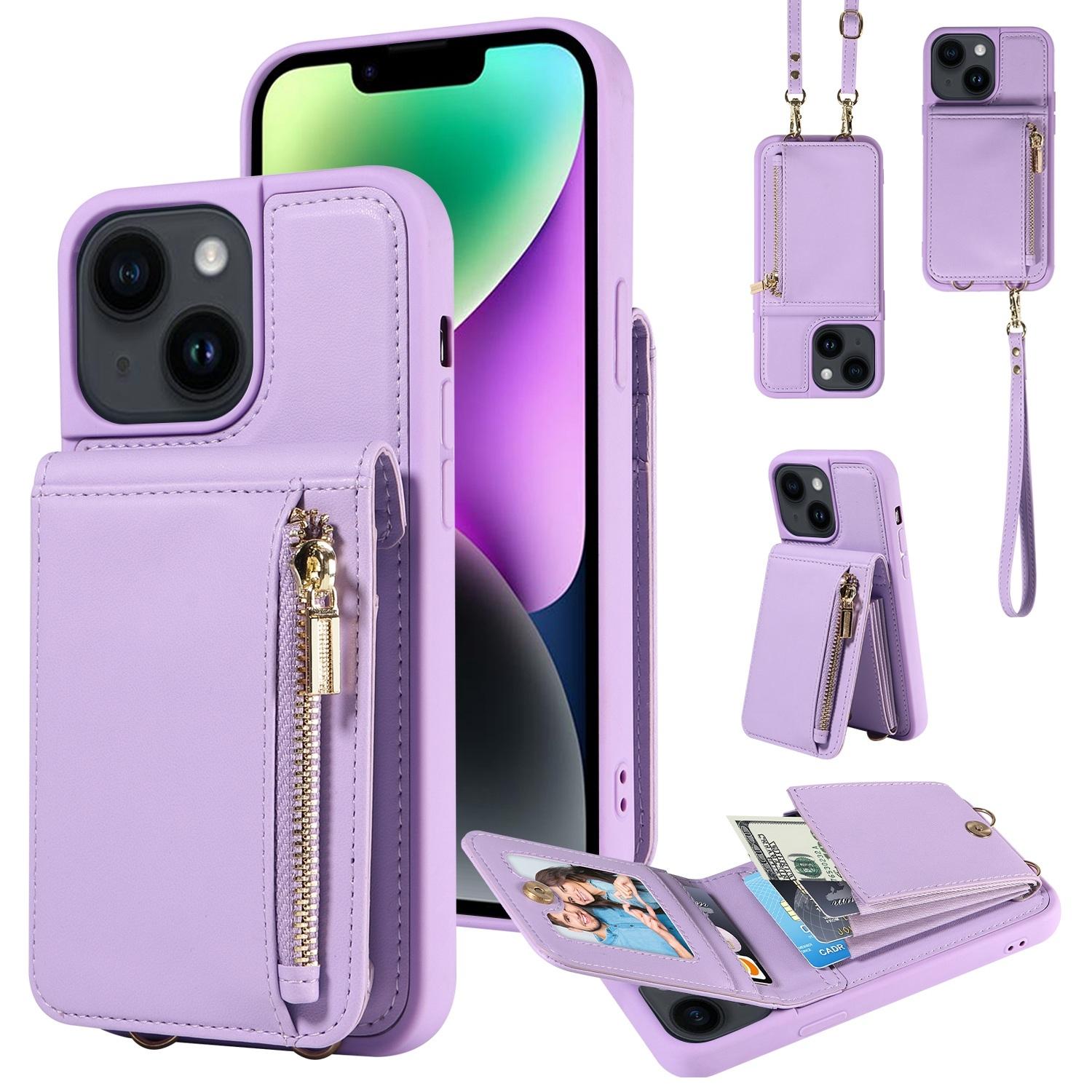 Leather Crossbody iPhone Wallet Case with Zipper Pocket & Lanyard Strap