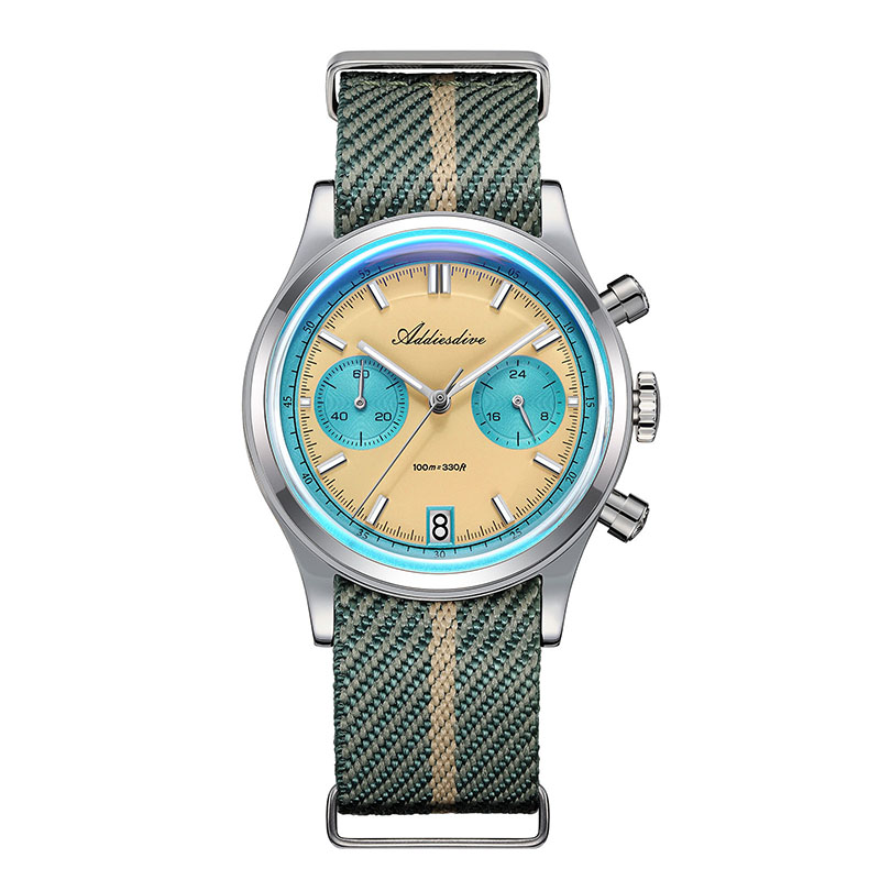 Men Chronograph Watch, Quartz Wristwatch, Waterproof Bubble Glass, Luminous Dial 38mm