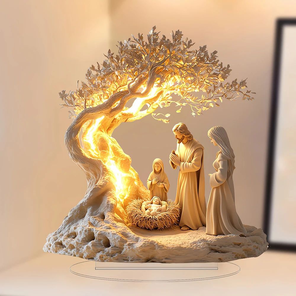Acrylic Nativity Ornament – 2D Jesus Birth Scene Tabletop Decor Tree of Life Family Statue