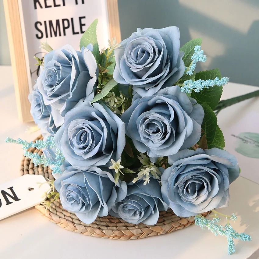 12 Piece Artificial Blue Silk Rose Bouquet Home Garden Wedding Decoration