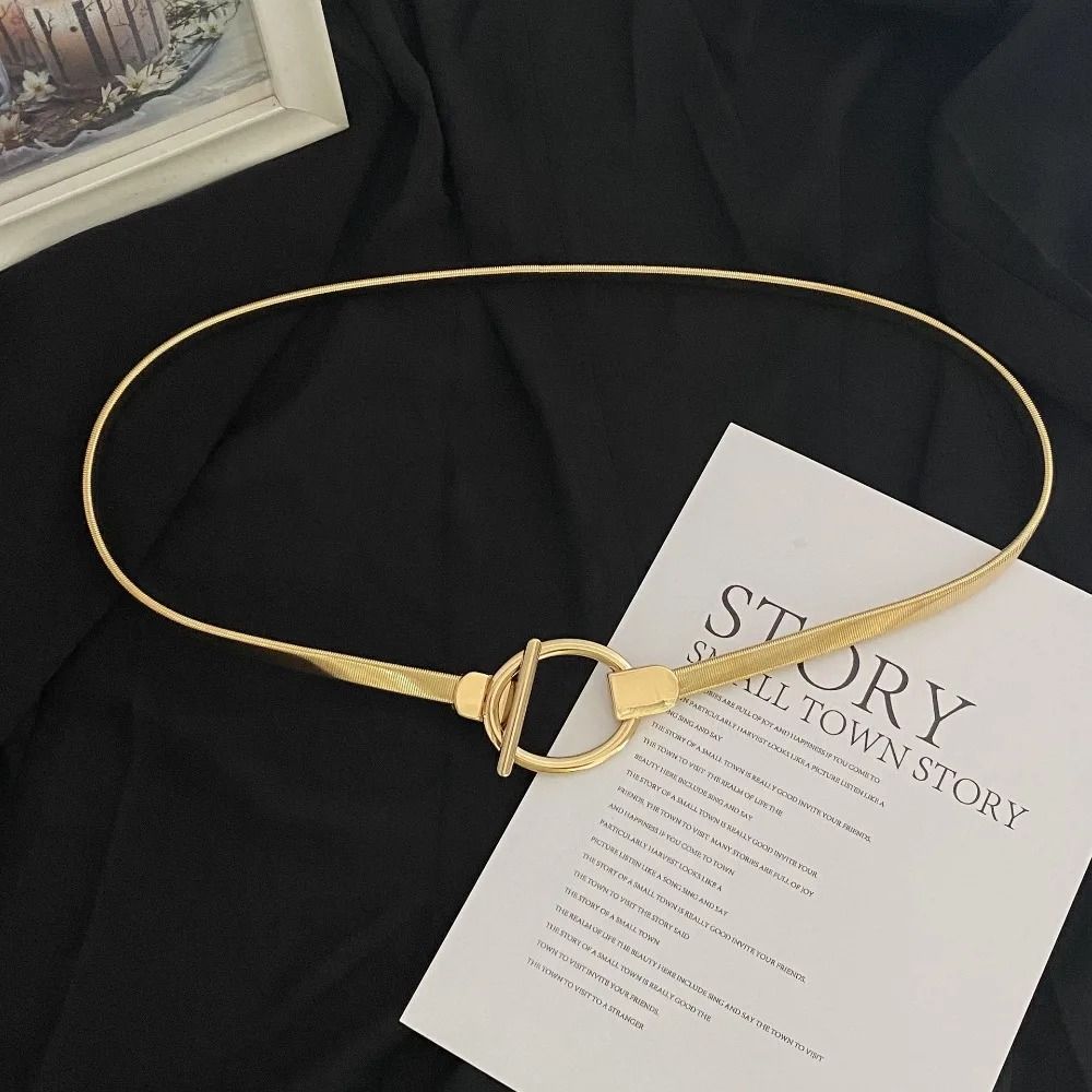 Elastic Gold Chain Belt – Leaf Motif Metallic Waistband – High-Yield Sartorial Interaction Hub