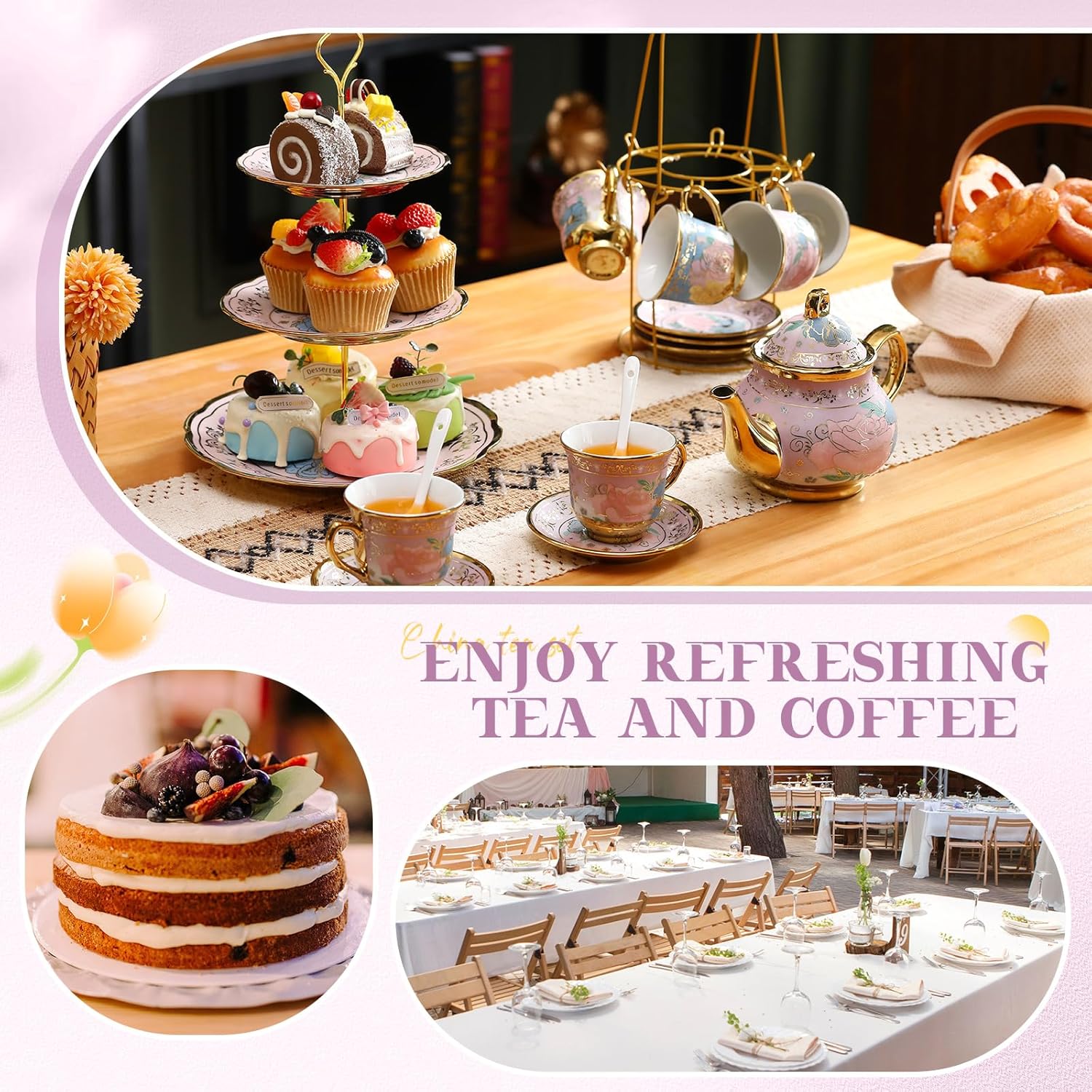 21-Piece Ceramic Tea Set with Metal Holder & Cupcake Stand – Elegant European Tea Pot, Cups, and Tiered Dessert Tower