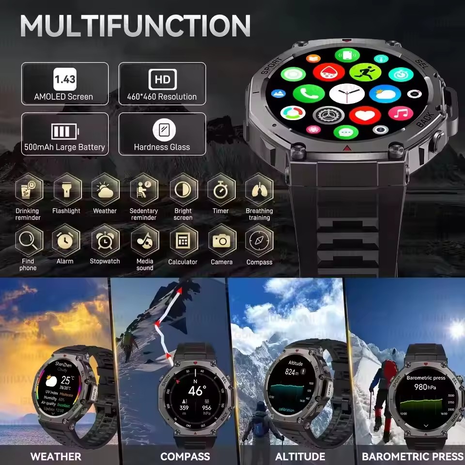 Military Smartwatch with Bluetooth & GPS, Waterproof Adventure Watch