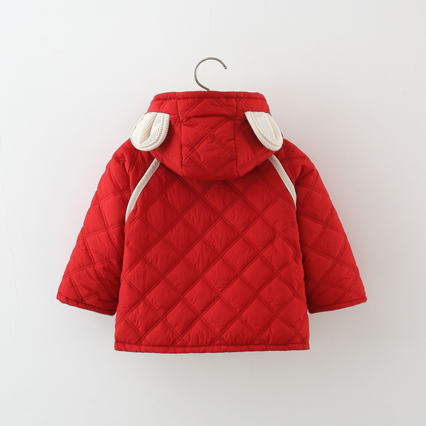 Winter Baby Girls Cotton Coat, Thick Rabbit Ear Hood, Diamond Grid Pattern, Two Pocket Jacket