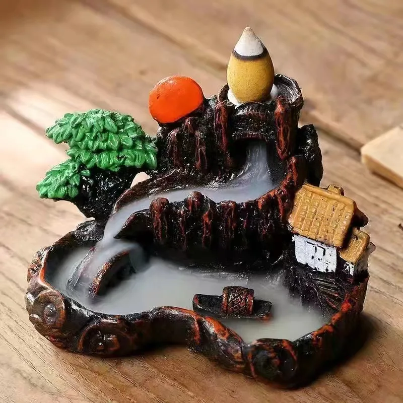 Incense Burner Zen Censer Holder, Mountains River Waterfall Aroma Smoke Fragrance Fireplace Backflow Decoration for Home